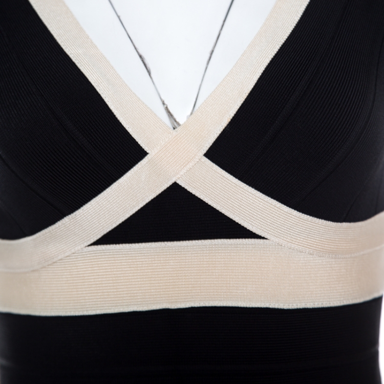 Pre Owned Herve Leger Black and Cream Plunge Neck Detail Sleeveless Ilia Bandage Dress S