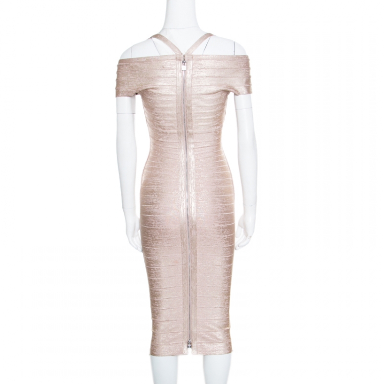 Pre Owned Herve Leger Rose Gold Woodgrain Foil Bodycon Kelis Dress S