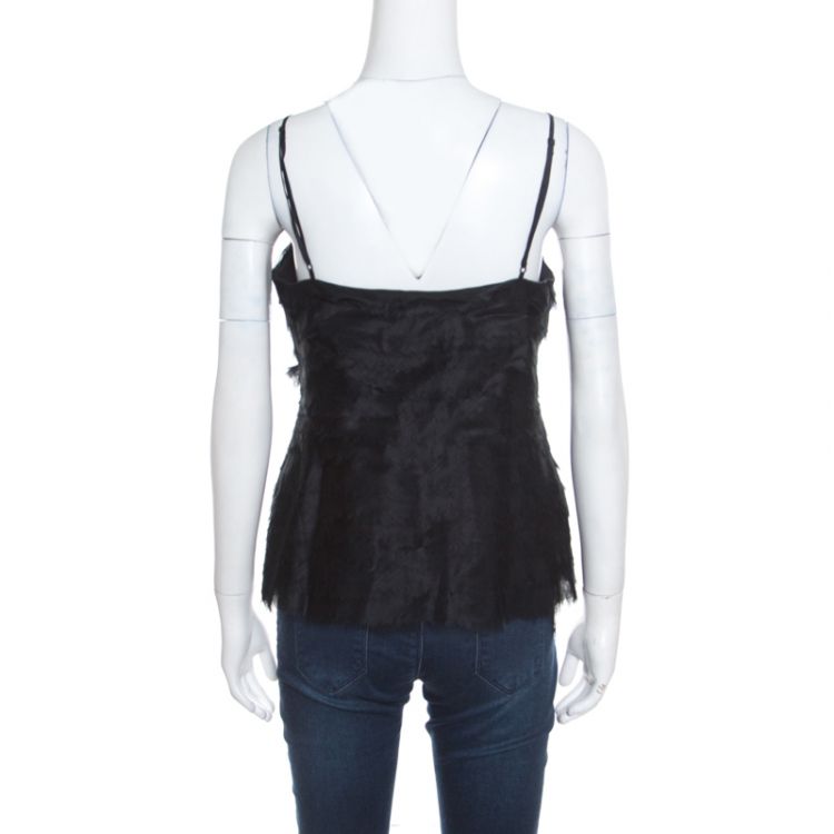 Pre Owned Herve Leger Black Silk Organza Raw Edge Tiered Babydoll Top L
