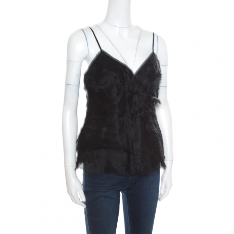 Pre Owned Herve Leger Black Silk Organza Raw Edge Tiered Babydoll Top L