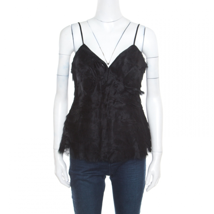 Pre Owned Herve Leger Black Silk Organza Raw Edge Tiered Babydoll Top L