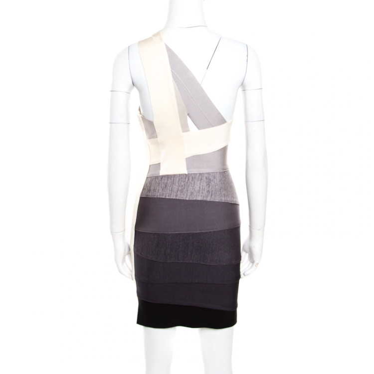 مملوكة مسبقًا Herve Leger Grey Ombre One Shoulder Alexis Bandage Dress M