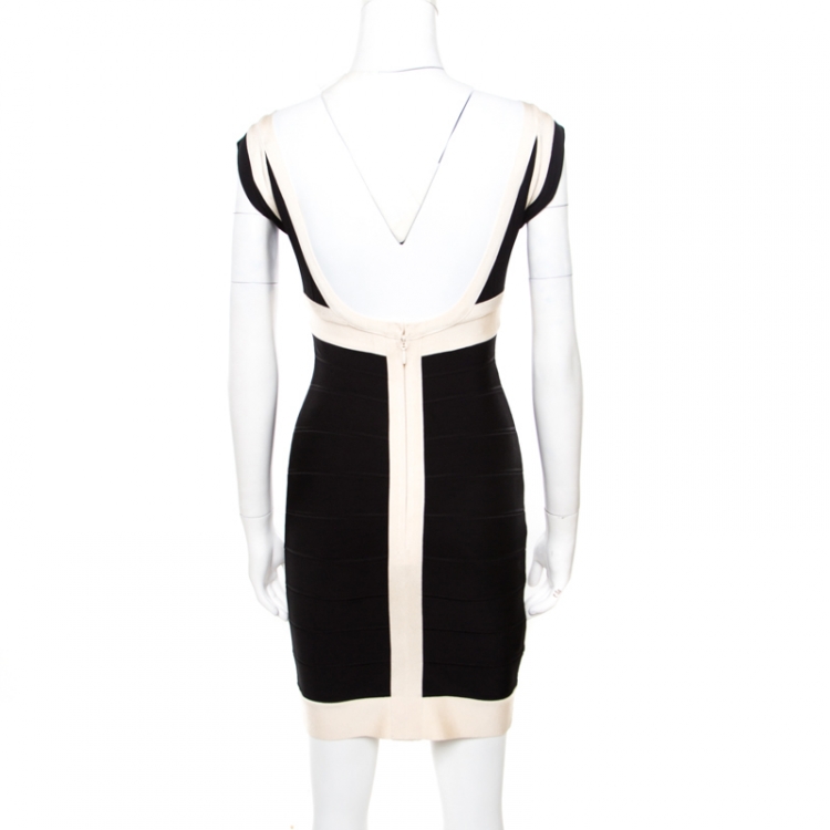 مملوكة مسبقًا Herve Leger Black and Cream Plunge Neck Detail Sleeveless Ilia Bandage Dress S
