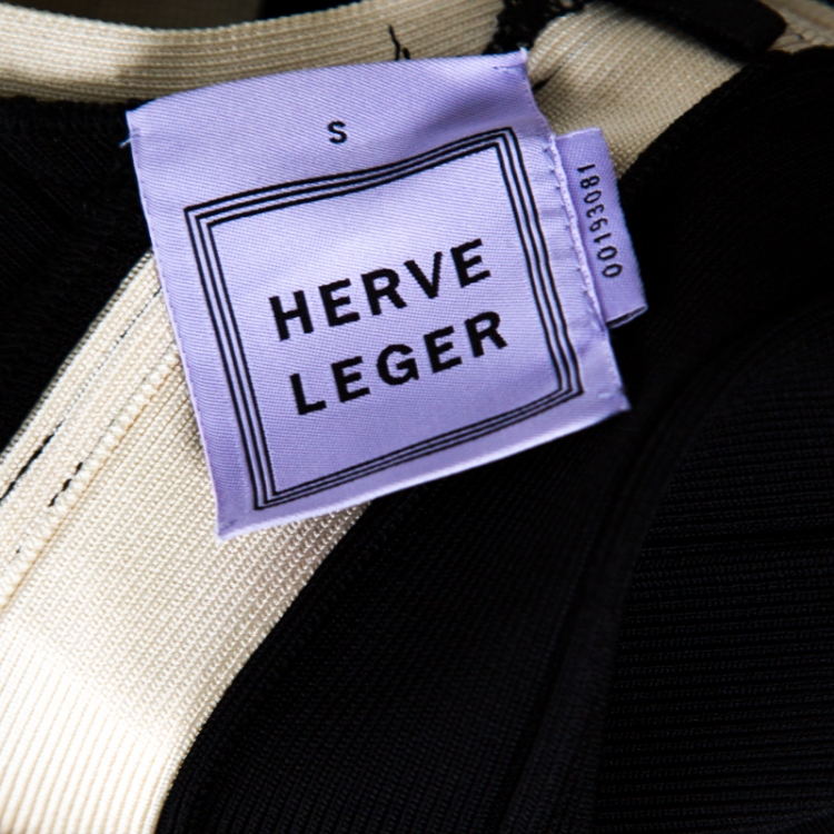 مملوكة مسبقًا Herve Leger Black and Cream Plunge Neck Detail Sleeveless Ilia Bandage Dress S