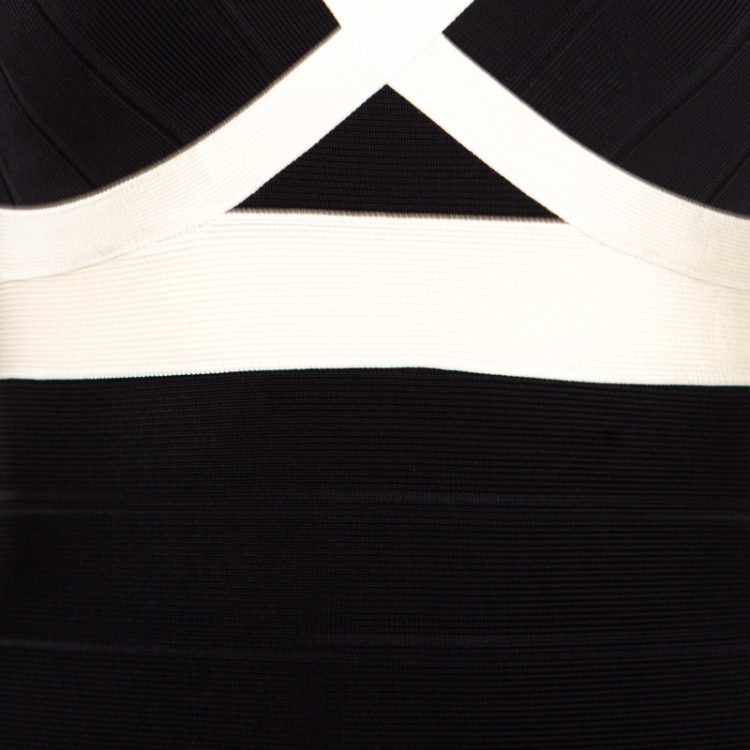 مملوكة مسبقًا Herve Leger Black and Cream Plunge Neck Detail Sleeveless Ilia Bandage Dress S