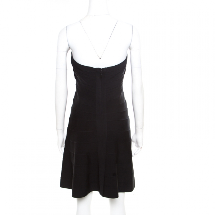 Pre Owned Herve Leger Black Stretch Knit Strapless Akari Bandage Mini Dress L