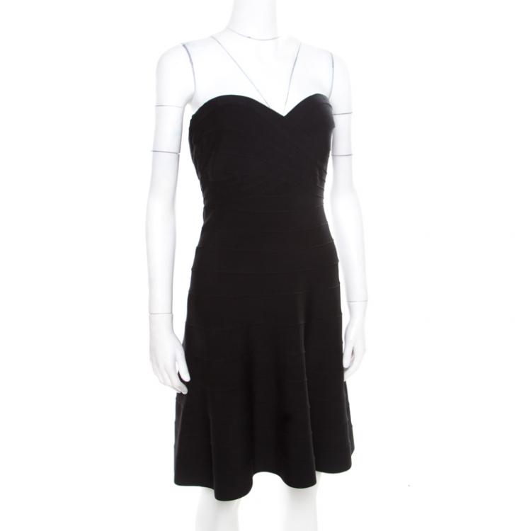 Pre Owned Herve Leger Black Stretch Knit Strapless Akari Bandage Mini Dress L