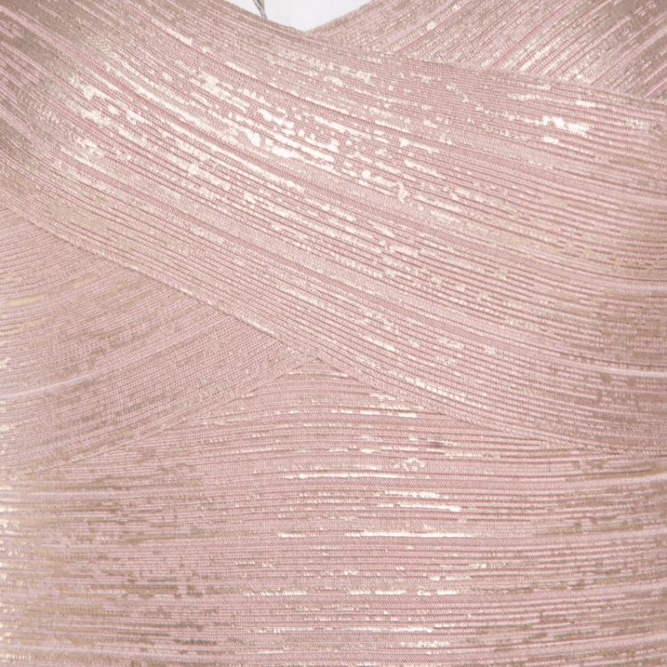Pre Owned Herve Leger Dusty Rose Gold Foil Printed Tejana Bandage Dress XS