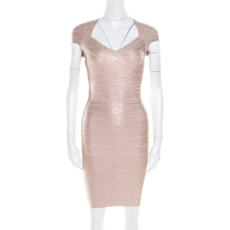 Pre Owned Herve Leger Dusty Rose Gold Foil Printed Tejana Bandage Dress XS