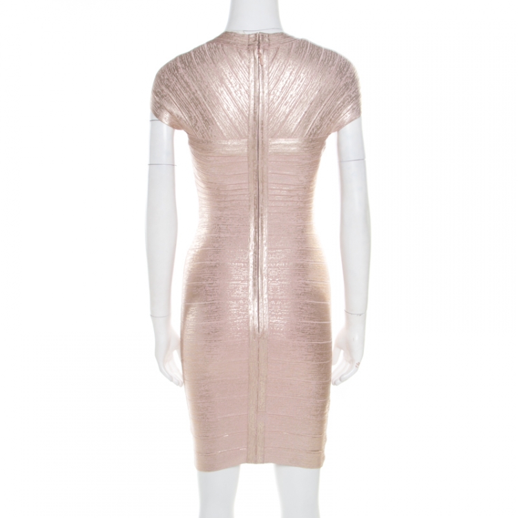 Pre Owned Herve Leger Dusty Rose Gold Foil Printed Tejana Bandage Dress XS