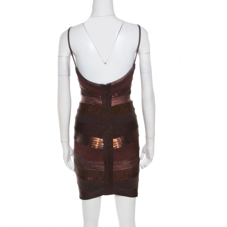 Pre Owned Herve Leger Metallic Copper Embellished Bandage Dress XS
