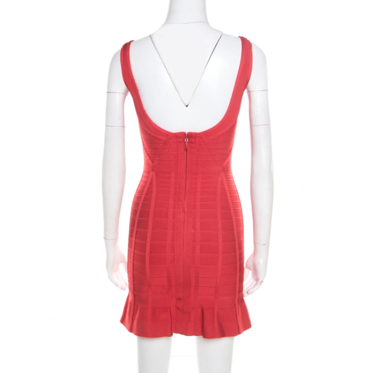 Pre Owned Herve Leger Red Sleeveless Bandage Fit and Flare Dress XS