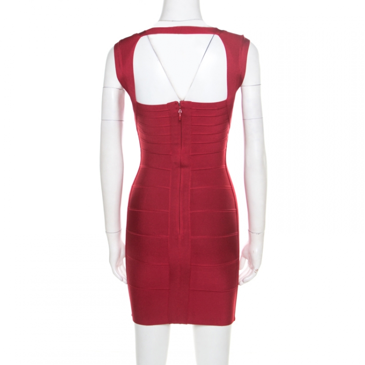 Pre Owned Herve Leger Lipstick Red Cutout Back Detail Sleeveless Bandage Dress XXS