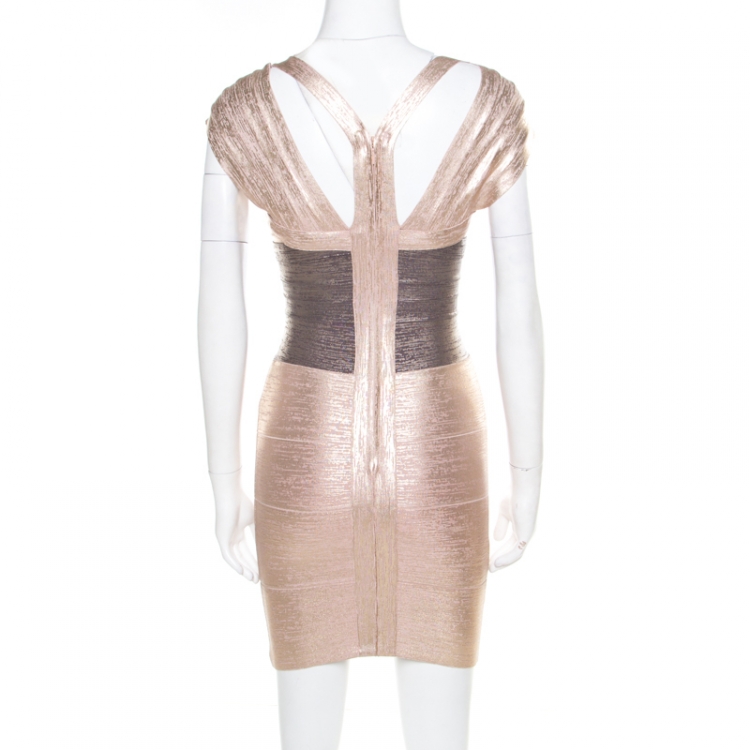 Pre Owned Herve Leger Metallic Rose Gold Melena Bandage Mini Dress XS