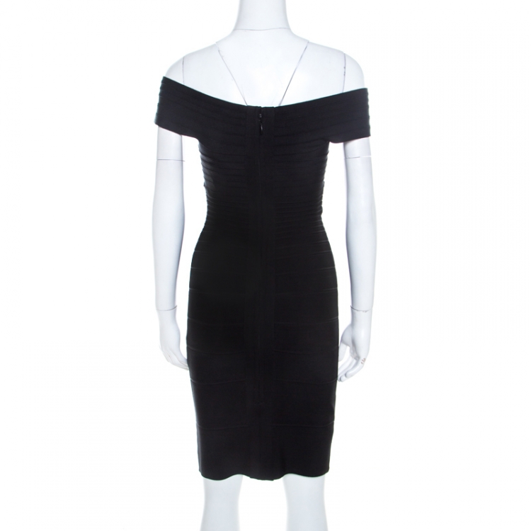 Pre Owned Herve Leger Black Knit Off Shoulder Marina Bandage Dress XS 