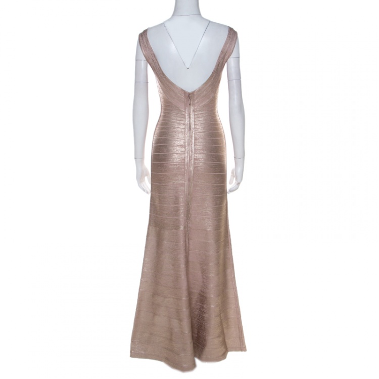 Pre Owned Herve Leger Rose Gold Foil Print Sophia Bandage Mermaid Gown S