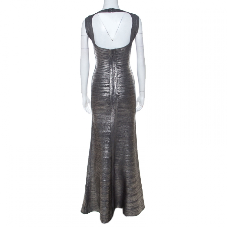 Pre Owned Herve Leger Dark Grey Woodgrain Foil Print Camilla Bandage Gown XS