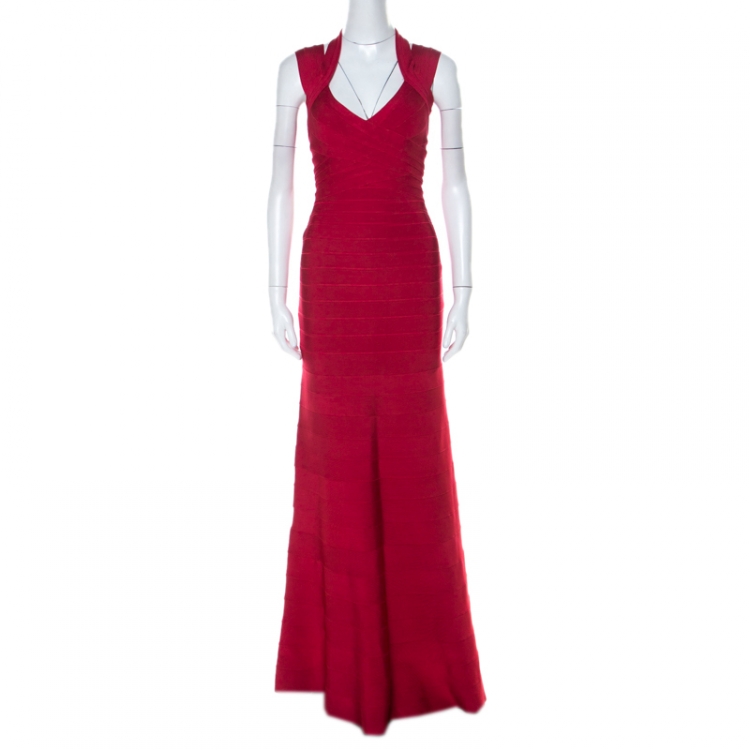 Pre Owned Herve Leger Lipstick Red Stretch Knit Selene Bandage Halterneck Gown S