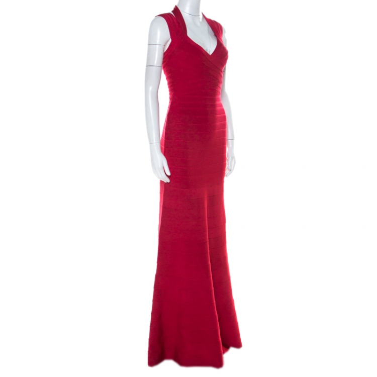 Pre Owned Herve Leger Lipstick Red Stretch Knit Selene Bandage Halterneck Gown S