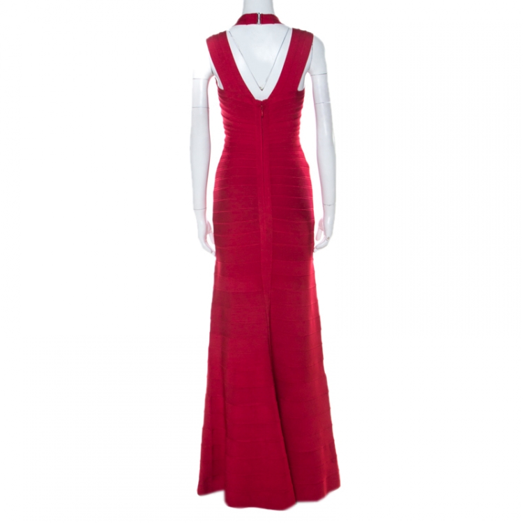 Pre Owned Herve Leger Lipstick Red Stretch Knit Selene Bandage Halterneck Gown S