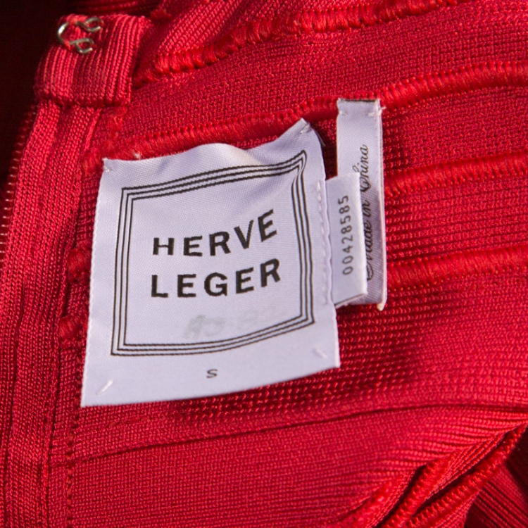 Pre Owned Herve Leger Lipstick Red Stretch Knit Selene Bandage Halterneck Gown S