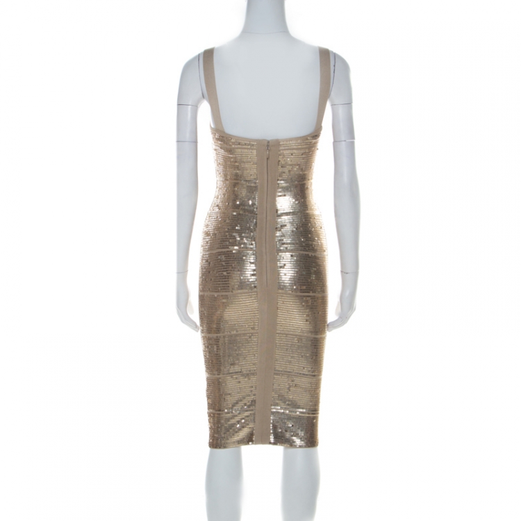 Pre Owned Herve Leger Antique Gold Sequinned Bandage Dress XXS