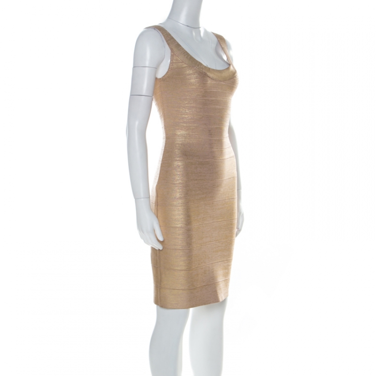 Pre Owned Herve Leger Brushed Gold Bandage Sleeveless Mini Dress XS
