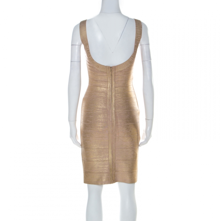 Pre Owned Herve Leger Brushed Gold Bandage Sleeveless Mini Dress XS