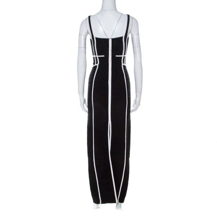 مملوكة مسبقًا Herve Leger Black Sleeveless White Piping Detail Helena Bandage Gown XS