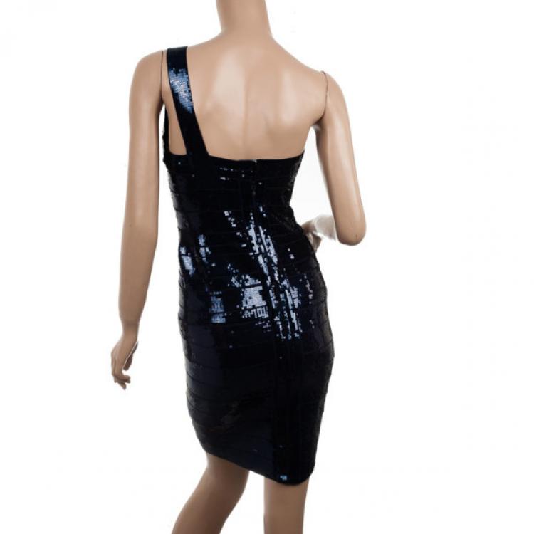 Pre Owned Hervé Léger Navy Blue One Shoulder Sequin Bandage Dress