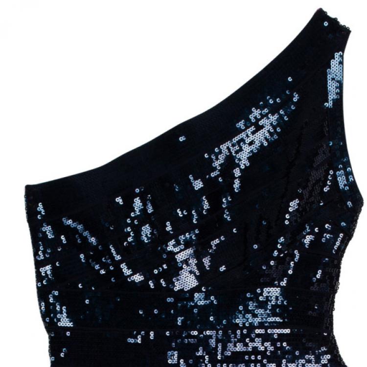 Pre Owned Hervé Léger Navy Blue One Shoulder Sequin Bandage Dress
