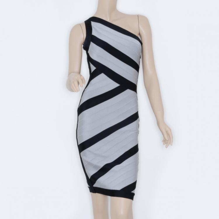 Pre Owned Herve Leger Black and Grey One Shoulder Bandage Dress S