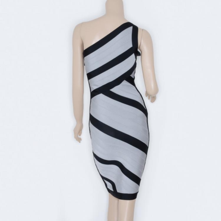 Pre Owned Herve Leger Black and Grey One Shoulder Bandage Dress S