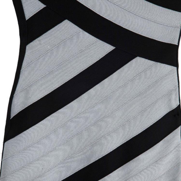 Pre Owned Herve Leger Black and Grey One Shoulder Bandage Dress S