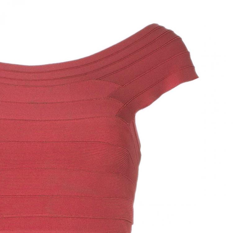 Pre Owned Herve Leger Red Off-Shoulder Bandage Dress XS