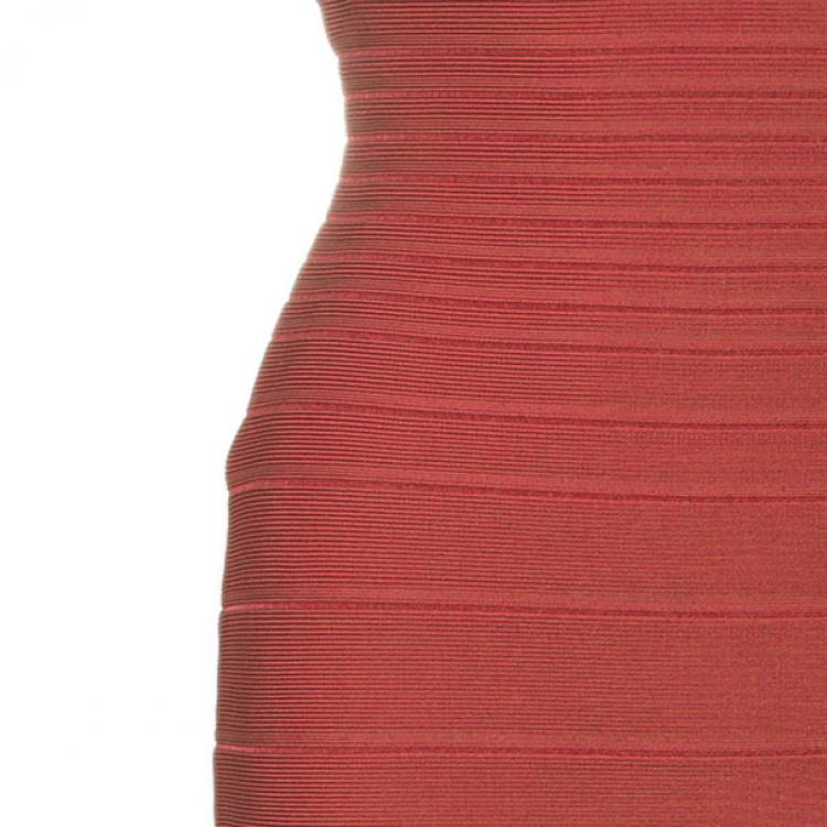 Pre Owned Herve Leger Red Off-Shoulder Bandage Dress XS