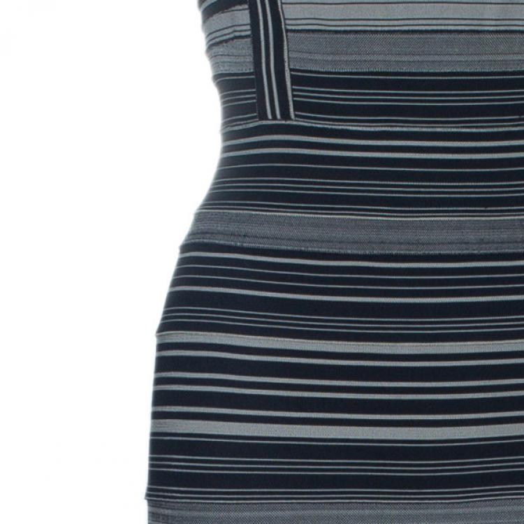 Pre Owned Herve Leger Moss Green Striped Bandage Dress M