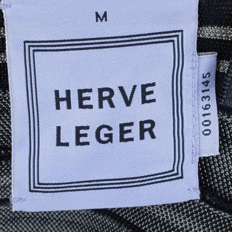 Pre Owned Herve Leger Moss Green Striped Bandage Dress M