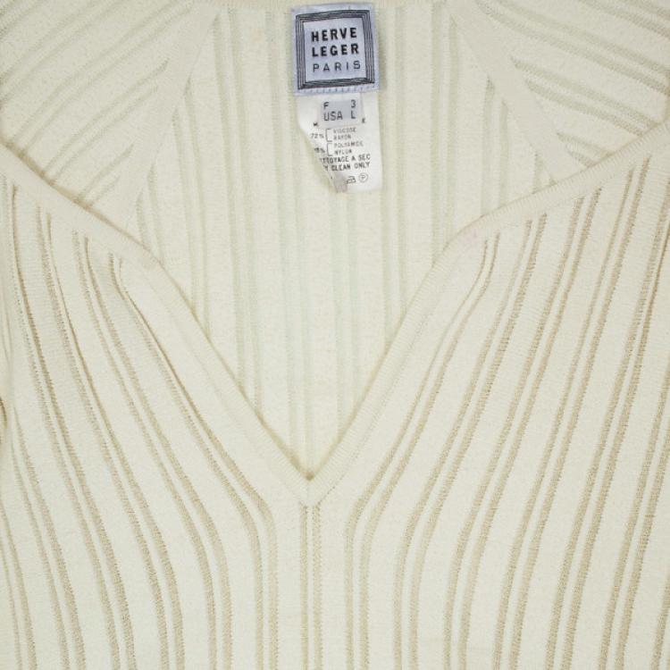 Pre Owned Herve Leger Long Sleeve Cream Fitted Top L