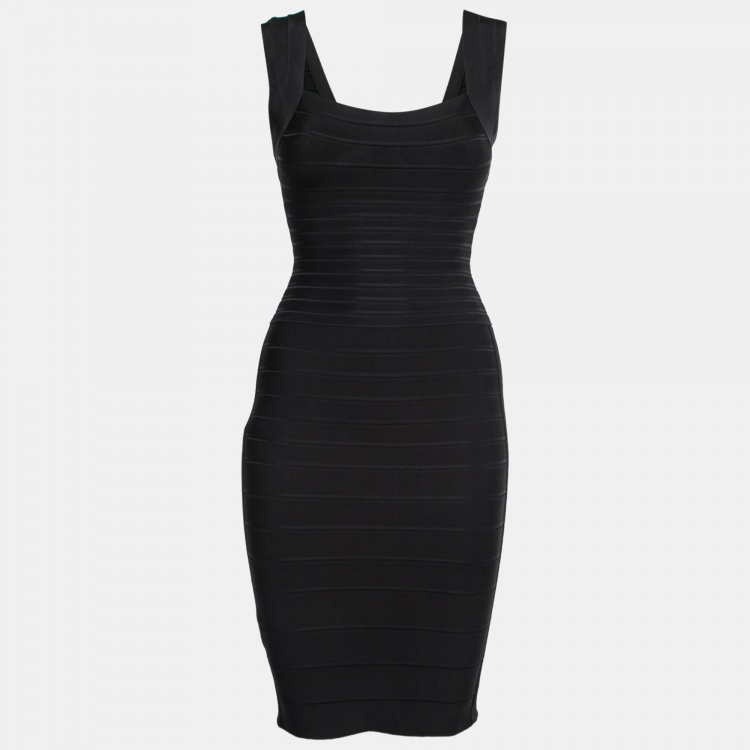 Pre Owned Herve Leger Black Stretch Knit Bandage Bodycon Dress XS  