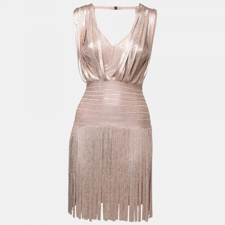 Pre Owned Herve Leger by Max Azria Blush Pink Bandage Knit Fringed Mini Dress XS