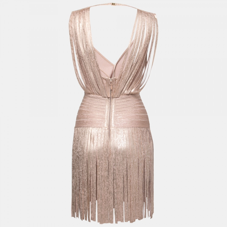 Pre Owned Herve Leger by Max Azria Blush Pink Bandage Knit Fringed Mini Dress XS