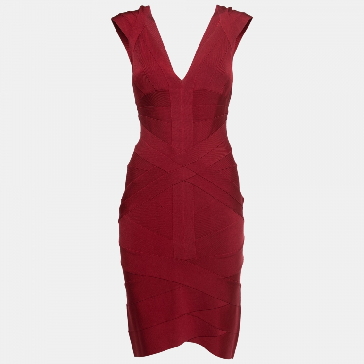 مملوكة مسبقًا Herve Leger Red Knit V-Neck Cap Sleeve Short Bodycon Dress L