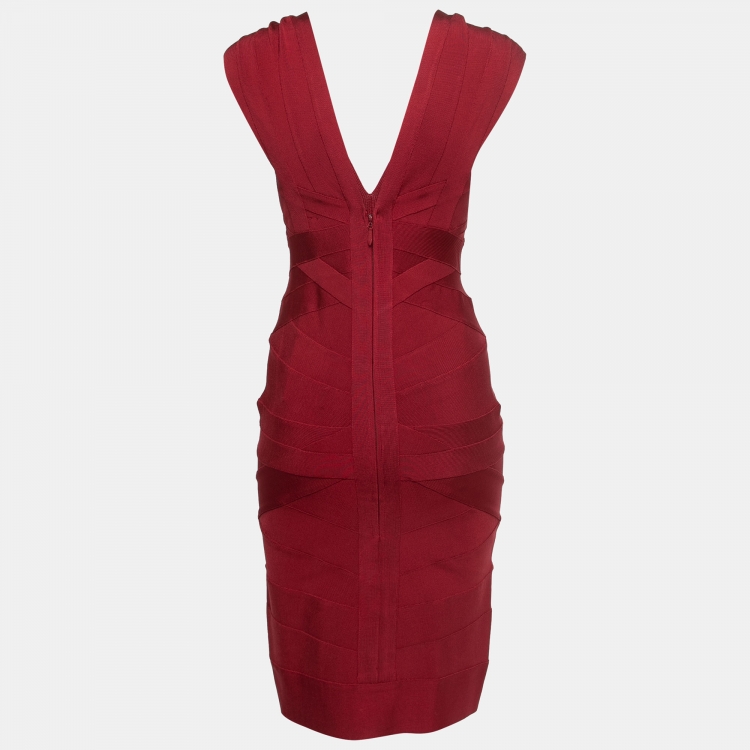 مملوكة مسبقًا Herve Leger Red Knit V-Neck Cap Sleeve Short Bodycon Dress L