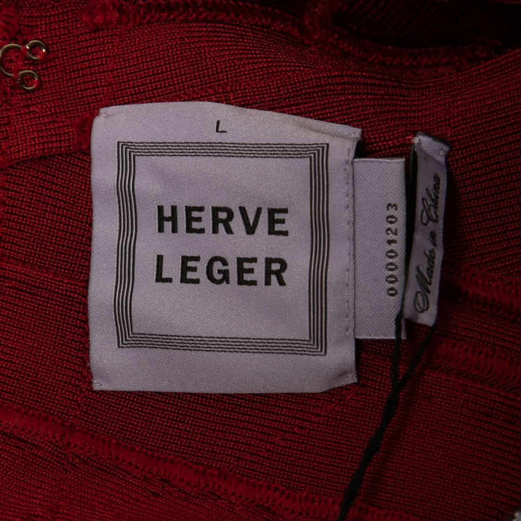 مملوكة مسبقًا Herve Leger Red Knit V-Neck Cap Sleeve Short Bodycon Dress L