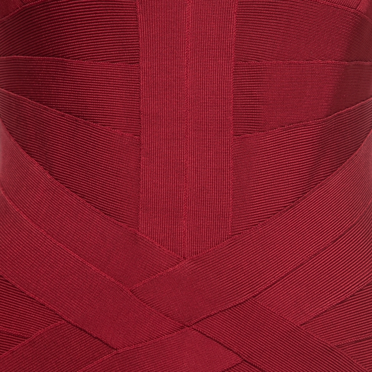 مملوكة مسبقًا Herve Leger Red Knit V-Neck Cap Sleeve Short Bodycon Dress L