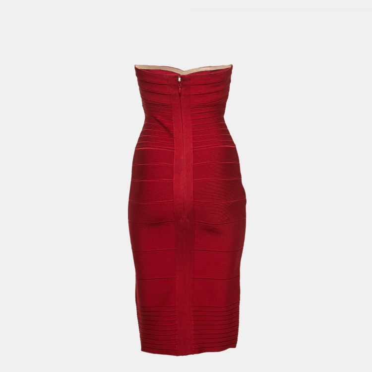 Pre Owned Herve Leger Red Bandage Knit Strapless Bodycon Dress S