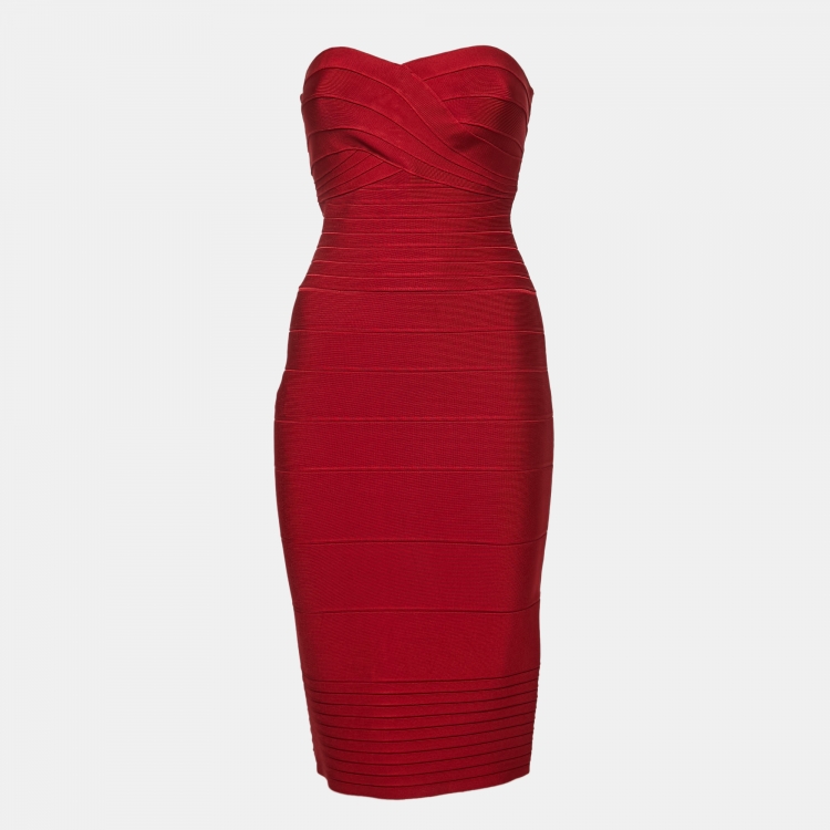Pre Owned Herve Leger Red Bandage Knit Strapless Bodycon Dress S
