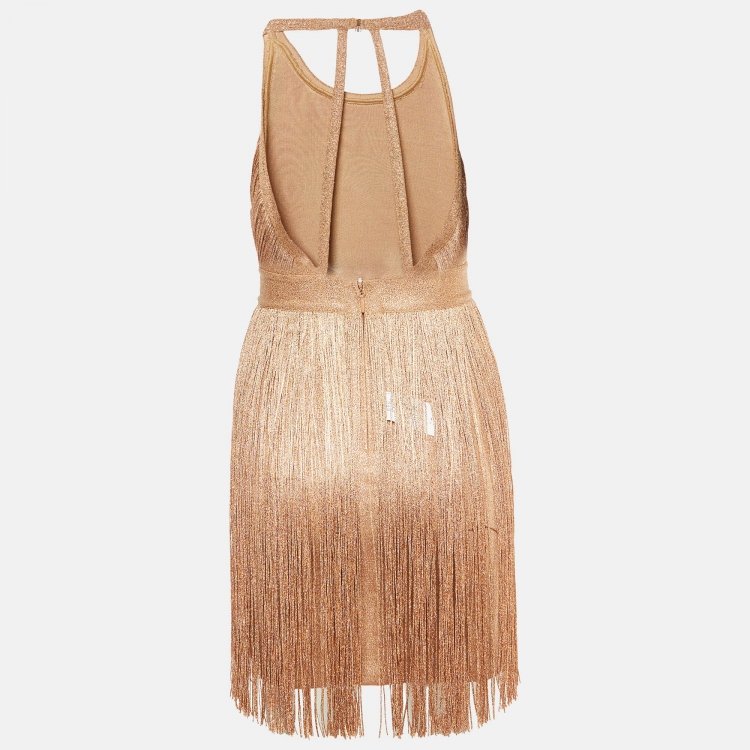 Pre Owned Herve Leger Metallic Rose Gold Knit Fringed Mini Dress XS