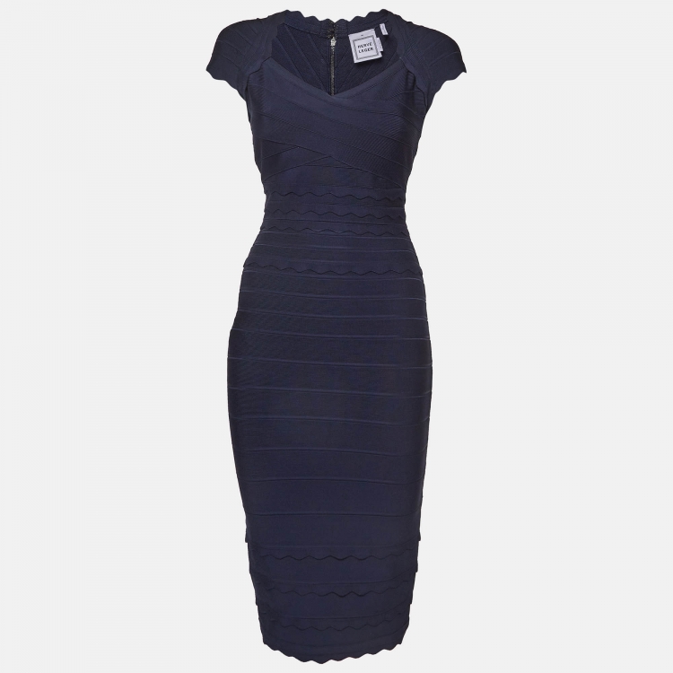 مملوكة مسبقًا Herve Leger Navy Blue Bandage Knit Cap Sleeve Midi Dress M